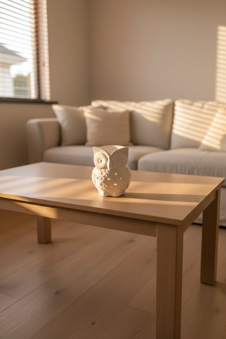 A small white ceramic owl-shaped candle holder or vase with a textured body and large eye details, placed on a gray tabletop in a softly blurred living room setting.