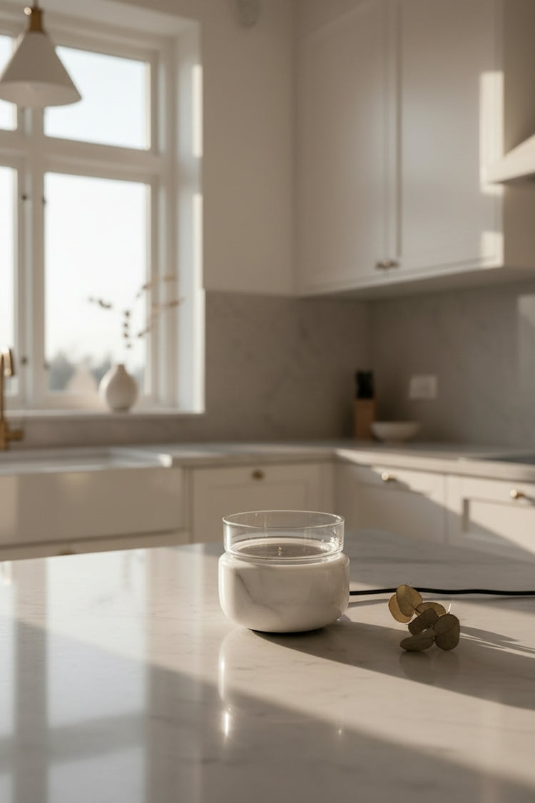 A clear glass double-walled cup or small bowl with a white textured base, shown on a gray tabletop in a real indoor setting with a blurred chair and sofa in the background.