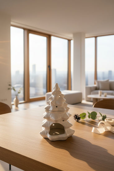 A white ceramic Christmas tree-shaped candle holder with a small arched opening at the base, shown on a gray tabletop in a living room setting.